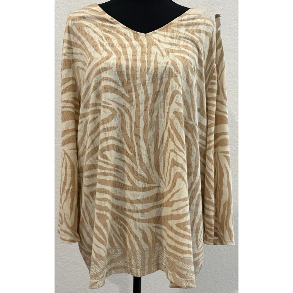 Chico’s Cream and Tan Zebra Print Blouse Gold Decorative Hem 3/4 Sleeves 4 (XXL)